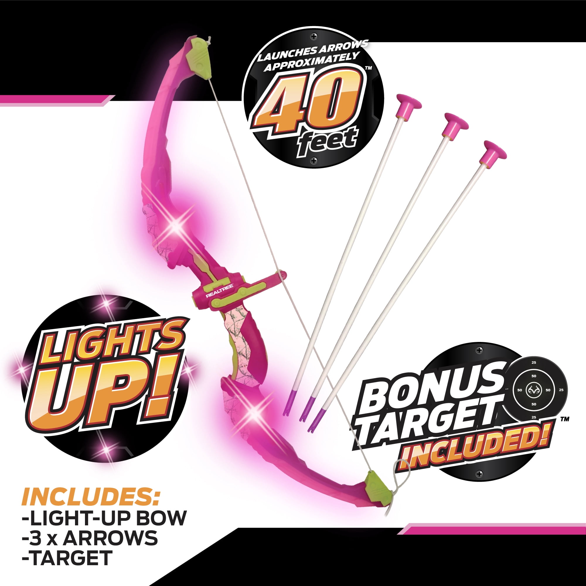 RealTree Girl: Light-Up Archery Set - Pink - NKOK, Bow Lights Up & Flashes Patterns, W/ 3 Suction Tip Arrows, Ages 6+