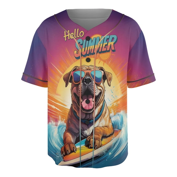 Retro Surfing Bullmastiff in Cool Sunglasses Hello Summer Waves All Over Print 3D Baseball Shirt Dog Lover Softball Sport - 10001