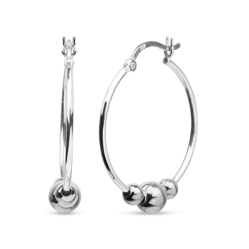 LeCalla 925 Sterling Silver Jewelry Bead Hoop Earring for Women and Teen 25MM
