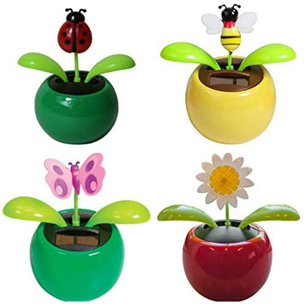 4 Solar Dancing Flowers in Assorted Color Pots Plastic Bobble Heads