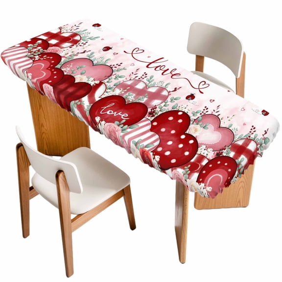 Pink Valentines Day Table Cloths for 8 Foot Rectangle Tables, Love Heart Eucalyptus Botanical Patio Waterproof Elastic Fitted Tablecloths, Washable Rectangular Table Cover for Camping