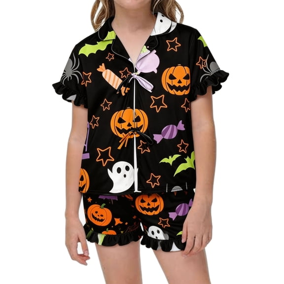 HAYIMI Child Girls 2 Piece Halloween Pajama Set Lapel Short Sleeve Shirt with Front Ribbon Ties and Ruffle Shorts Sleepwear Versatile Nightwear