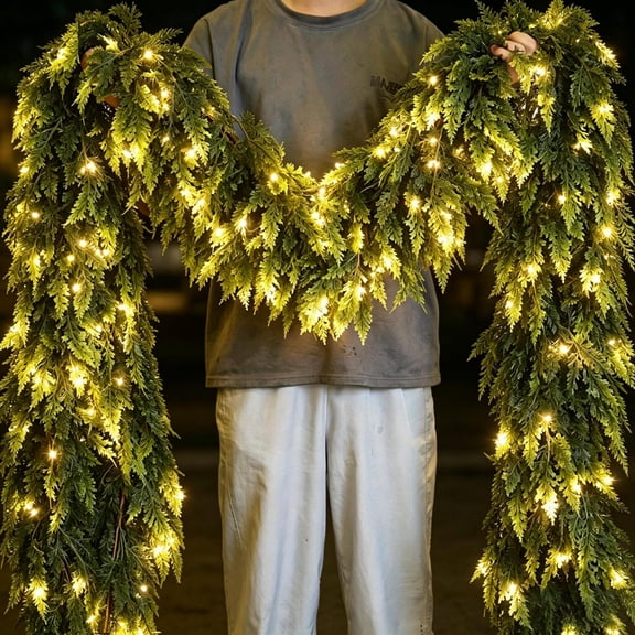5.92ft Christmas Norfolk Pine Artificial Garland,LED Light Up Bendable Faux Pine Vine Garland with Warm White Lights,for Table Fireplace Wall Door Mantel Indoor Outdoor Home Xmas Holiday Decorations