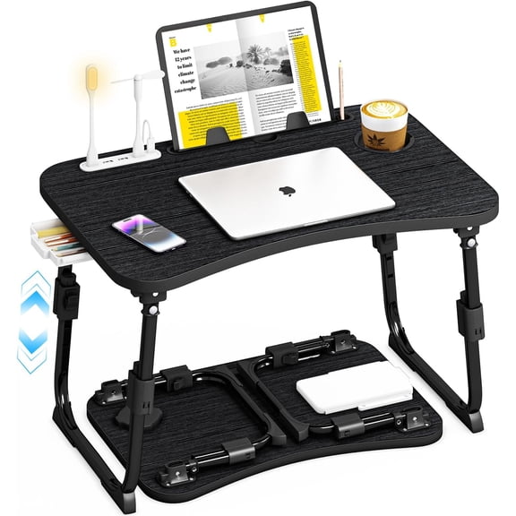 Lap Desk for Bed Adjustable Height, Foldable Bed Table with Storage Drawer, Tablet Slot & Cup Holder, Portable Laptop Stand for Bed & Sofa, Bed Desk for Adults & , Black