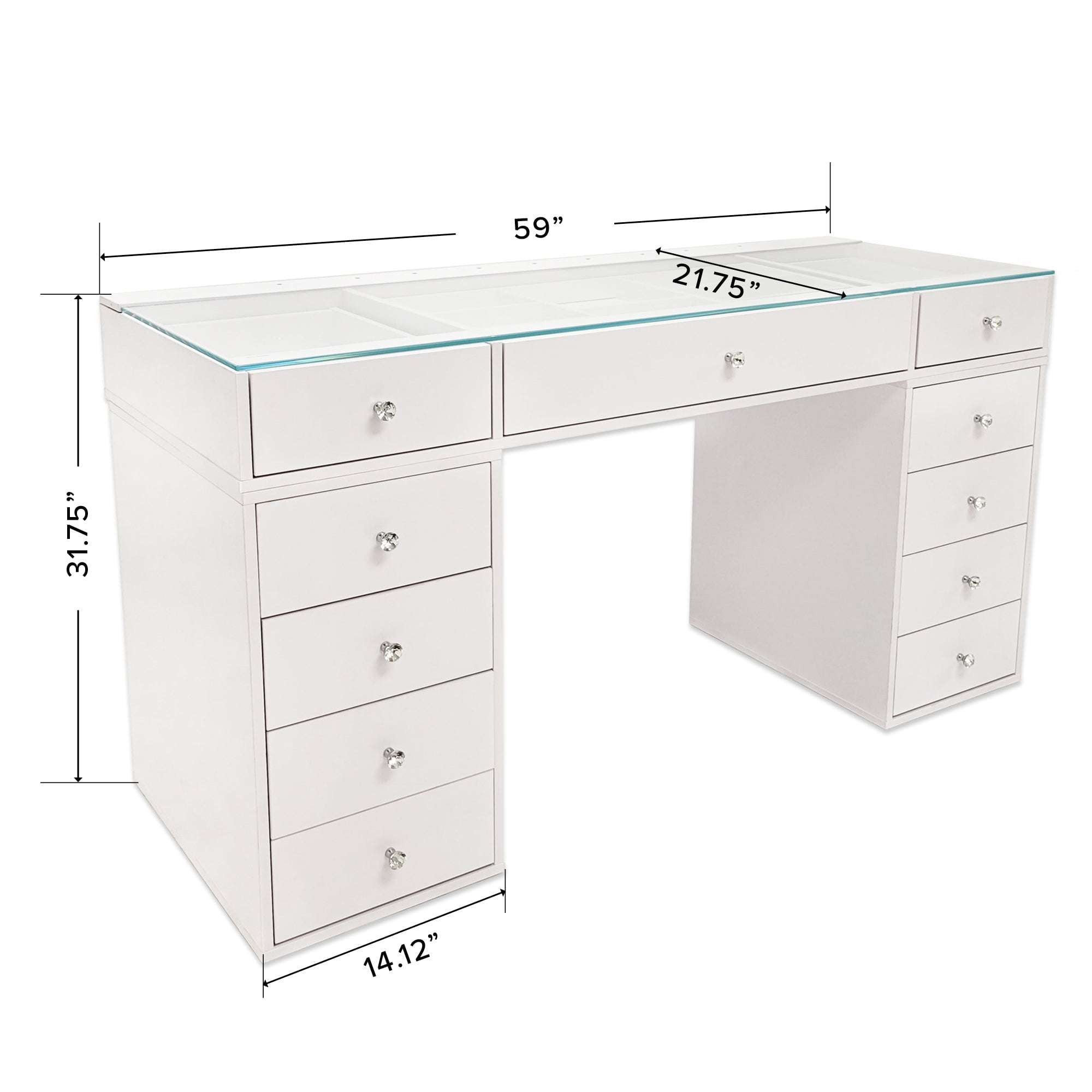 Impressions Vanity Naomi Desk with Mirrored Glass Top, Makeup Set & 10 Storage Drawers, White