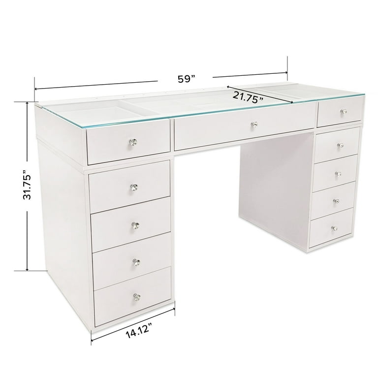Impressions Vanity Slaystation Naomi Vanity Desk with Tabletop, Makeup Vanity Table with Storage Drawers and Makeup Drawer Organizer with 2 Layers of Preset Dividers (White) -