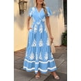 thumbnail image 5 of Womens 2025 Summer Casual V Neck Boho Maxi Dress Flowy Aline Bell Sleeve Tiered Floral Dresses with Pocket Light Blue XL, 5 of 7