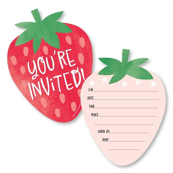 Big Dot of Happiness Berry Sweet Strawberry - Shaped Fill-In - Fruit Themed Birthday Party or Baby Shower Invitation Cards with Envelopes 12 Ct