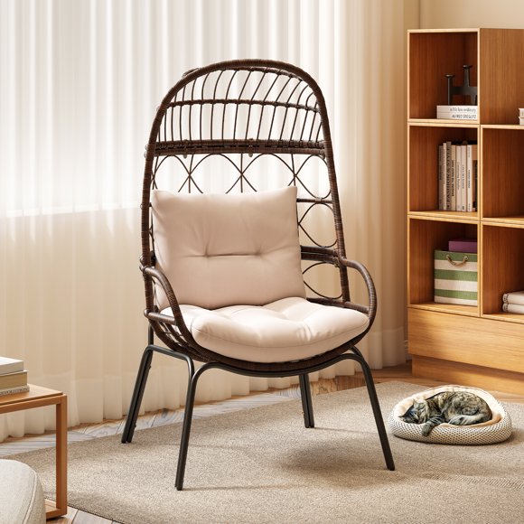 Gymax PE Wicker Egg Chair Patio Cocoon Lounger w/ Comfortable Cushions & Metal Frame