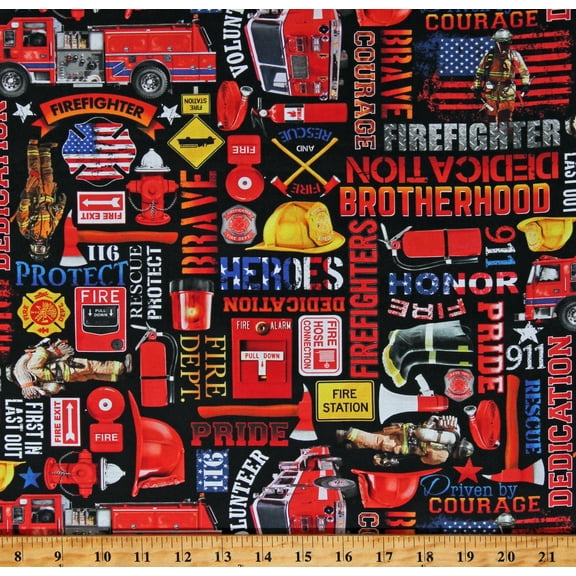 Cotton Fire Trucks Tossed Fire Engines Firefighters Fireman Emergency Rescue Black Cotton Fabric Print by the Yard (FIRE-CD1988-BLACK)