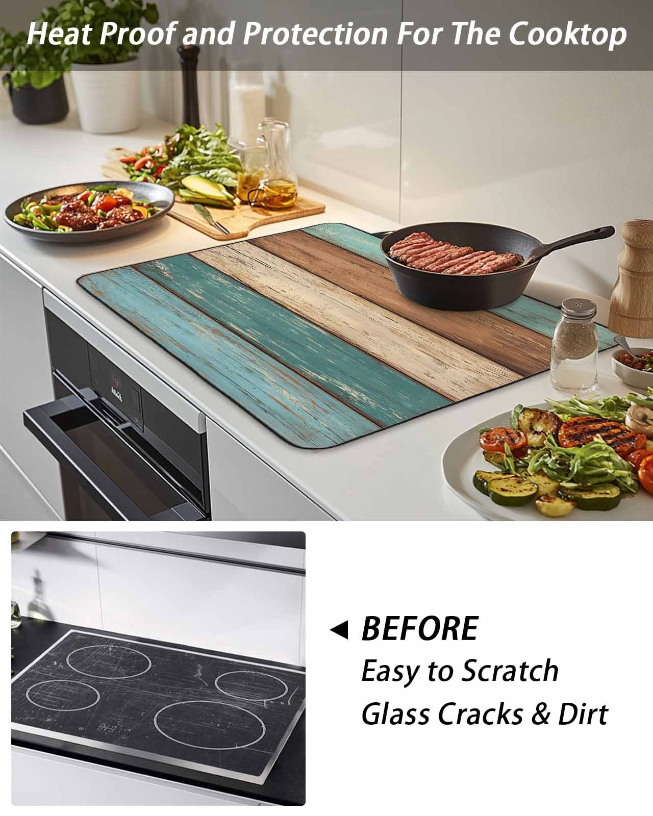Stove Top Covers for Electric Stove 24x21In, Teal Turquoise Heat Insulation Fireproof Glass Cooktop Protector, Retro Farmhouse Wood Grain Brown Multipurpose Countertop Stovetop Cover for Kitchen