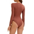 thumbnail image 3 of INSPIRE CHIC Women's Long Sleeve Bodysuit Slim Fit V Neck Tummy Control Brief Shapewear S Brown, 3 of 5