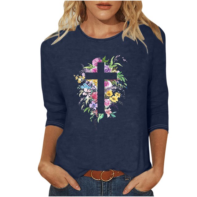 Blouses pour Femmes T-Shirt Imprimé Manches 3/4 Blouse Col Rond Décontracté, Blouses pour Femmes T-Shirts pour Femmes, Blouses pour Femmes Décontractées