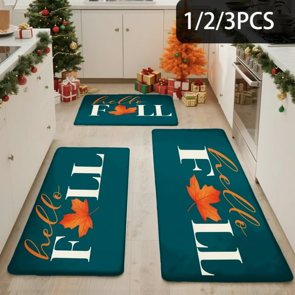 3PCS Kitchen Mat set,Welcome Door Flannel Rug,Home Decor for Front Door,Kitchen, Bathroom,Hello Fall Leaves On Teal ,Gifts for family and friends.