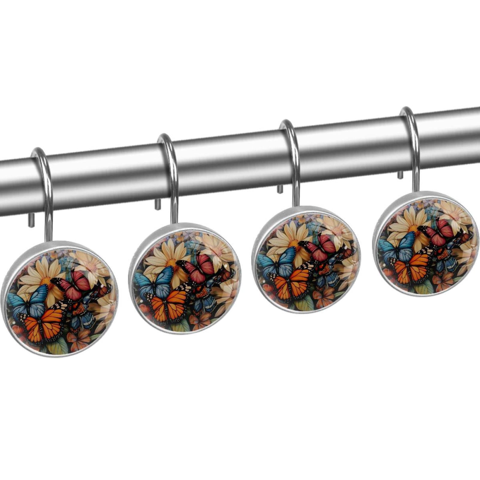 Lily Daisy Flowers Butterfly Shower Curtain Hooks Round Crystal Glass, Set of 12 Shower Curtain Rings - Shower Hooks for Curtain Shower Rings