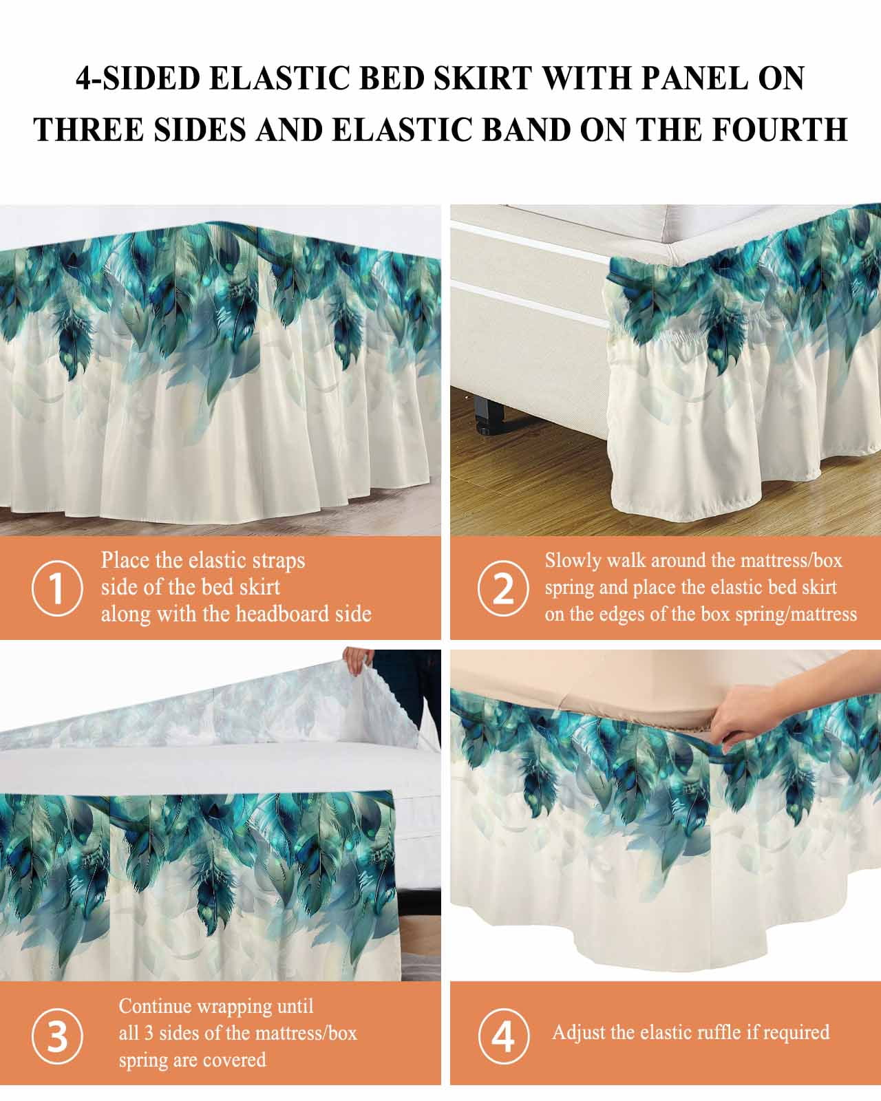 Teal Feather Wrap Around Bed Skirts for Queen Bed 16" Drop, Bed Skirt with Adjustable Elastic Belt Dust Ruffle Bed Valance for Bedroom Hotel Luxury Farmhouse Feather Art Teal Ombre Bed Frame Cover