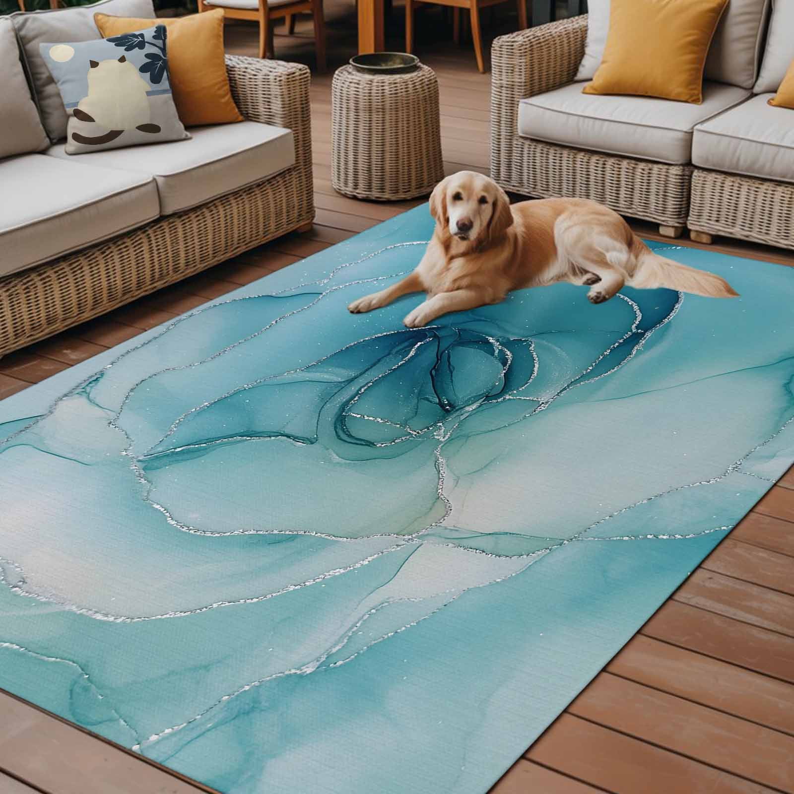 Outdoor Rug 5x8ft Abstract Ombre Blue Flowers Large Area Rug Modern Art Indoor Outdoor Carpet Outdoor Rugs Mats for Patio Camping,RV,Front Door, Outside Decor