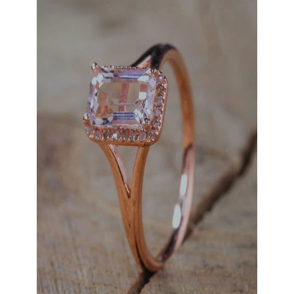 Sale: 1.25 Carat Peach Pink Morganite (emerald cut Morganite) and Diamond Split Shank Halo Engagement Ring in 10k Rose Gold Cheap Sale