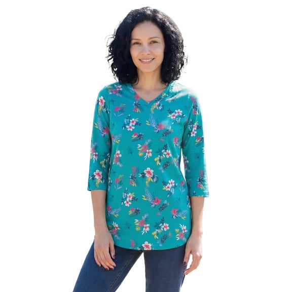 Woman Within Plus Size Perfect Printed Three-Quarter Sleeve V-Neck Tee