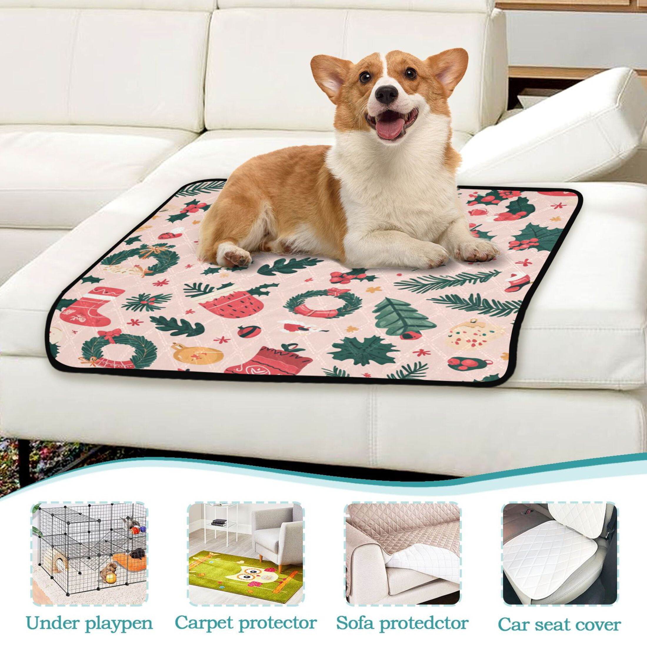 Qxltty A Pattern with Christmas Stockings and Green Leaves Cat litter Pads Pet Set of 3 Diaper Mats Center Anti-leakage Layer Absorbent Soft and Comfortable