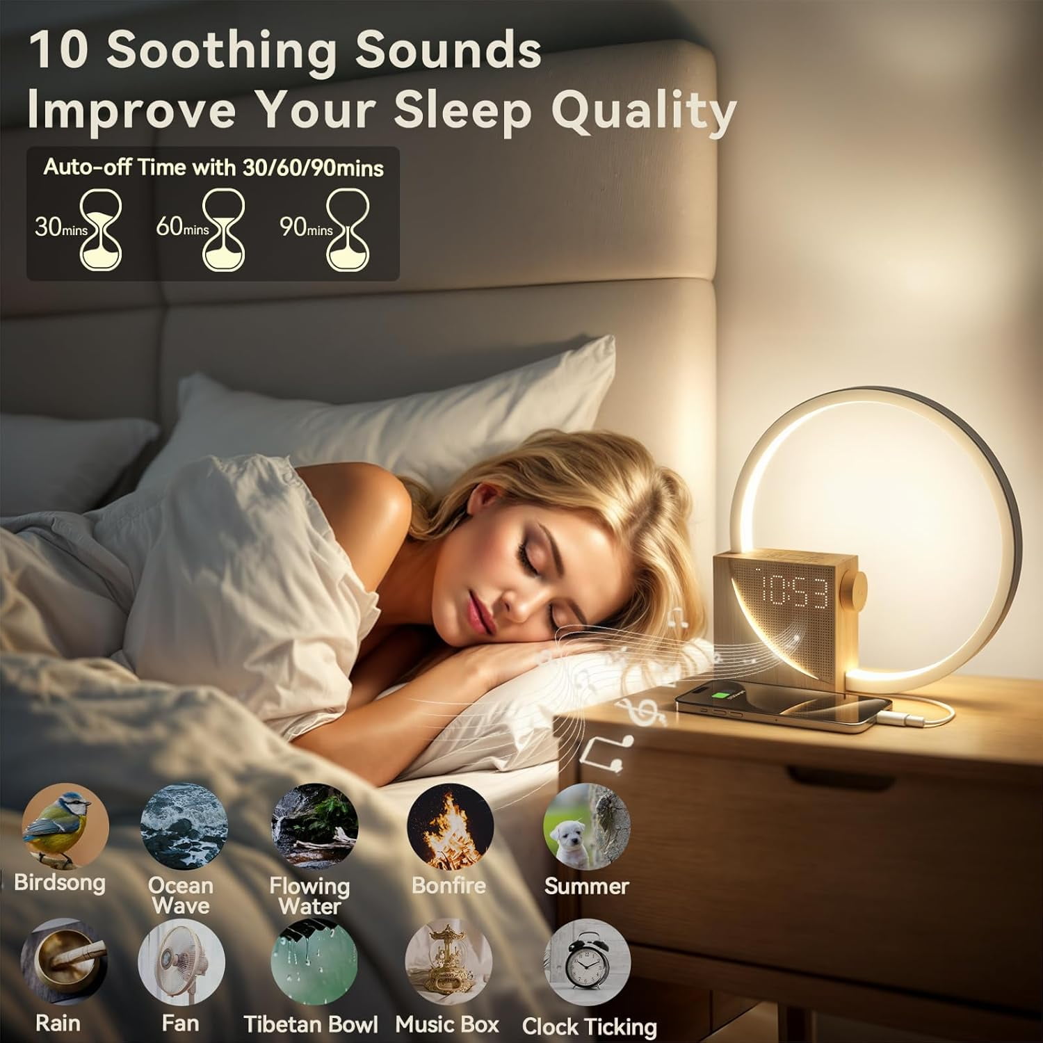 Sunrise Alarm Clock with Gradual Wake-up Light, 10 White Noise Sounds, Touch Dimmable Light & Dual Alarms with Snooze for Heavy Sleepers, Wood Grain
