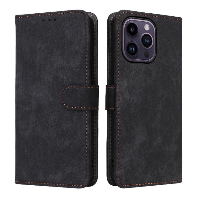 Phone Wallet Case for iPhone 15 Pro with Stand - Leather Folio Cover & Card Slots Black