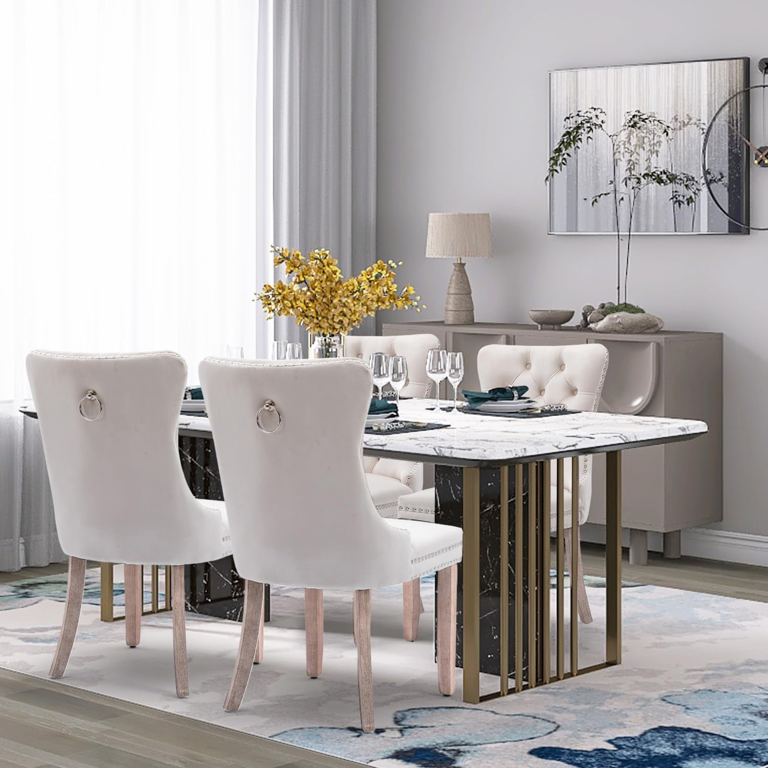 JESTOP Velvet Dining Chairs Set of 4, Tall Back Side Chair, Modern Upholstered High-end Tufted Side Chair with Button Back Ring, Solid Wood Legs (Beige)