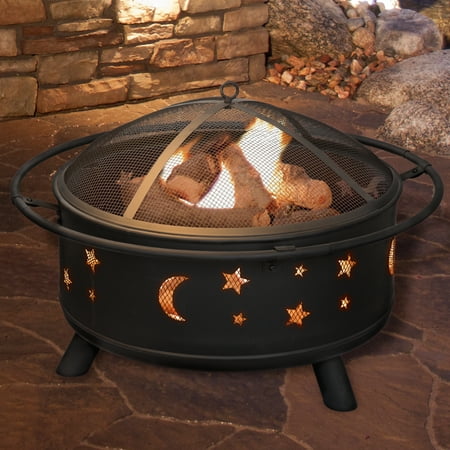 Fire Pit Set, Wood Burning Pit - Includes Screen, Cover and Log Poker- Great for Outdoor and Patio, 30 inch Round Star and Moon Firepit by Pure