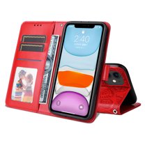 Dteck iPhone 11 Case, PU Premium Leather Embossed Wallet Card Cash Slots Ultra-Slim   Magnetic Flip Kickstand Shockproof Cover for iPhone 11 6.1 inch,Red
