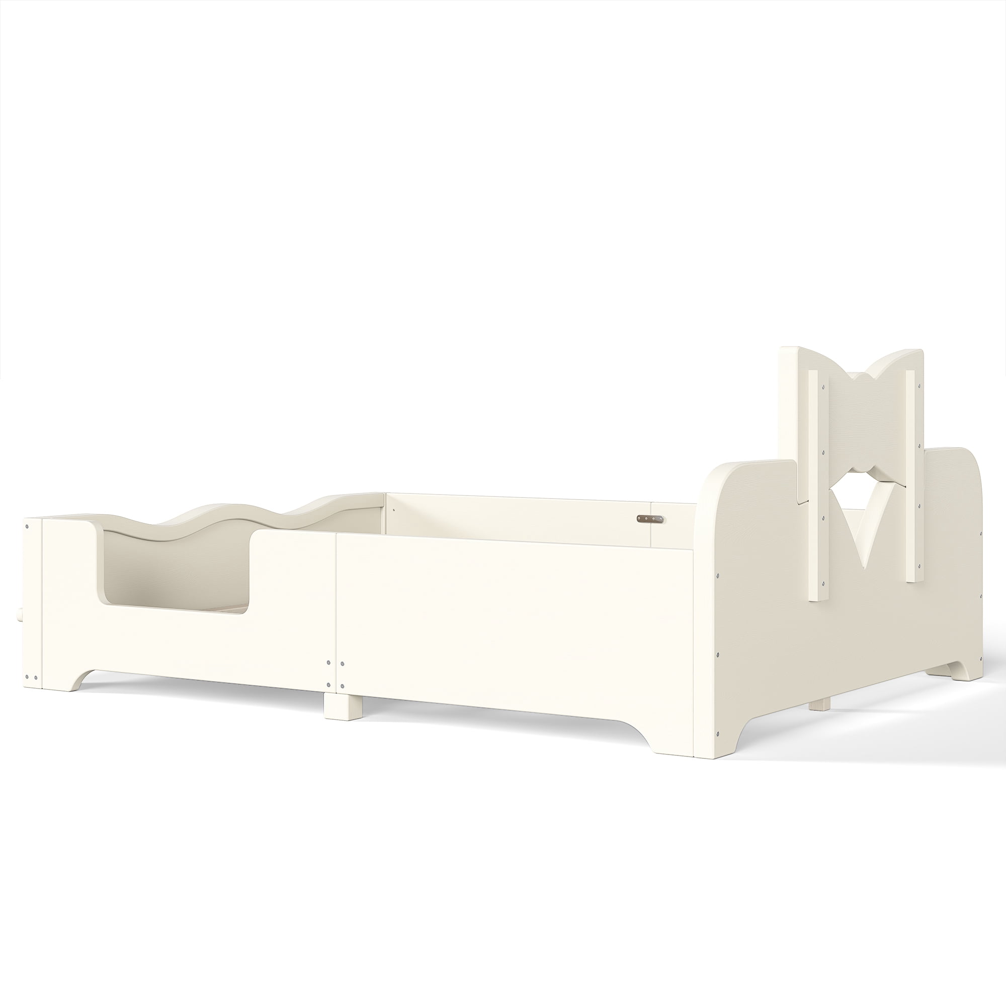 Full Size Kids Platform Bed 78 Inch, Bowknot Headboard with Surround Guardrails and Built In Bookshelf, No Box Spring Needed, Beige