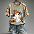 thumbnail image 4 of BODOAO Women's Fall Graphic Tee Halloween Ghost Pumpkin Print Short Sleeve Crew Neck T Shirt Plaid Raglan Tops Casual Loose Fit Autumn Thanksgiving Holiday Wear Green S, 4 of 5
