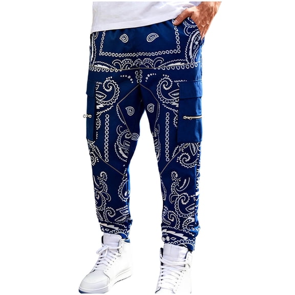 Kilaqueen Cargo Pants for Men Paisley Print Elastic Waist Zipper Multi-Pocket Sweatpants Casual Trendy Workout Punk Techwear Streetwear Pants