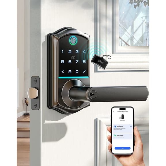 Veise Fingerprint Keyless Entry Smart Lever Lock, App Control Electronic Touchscreen Keypad, IP55 Weatherproof, Aluminum Metal Matte Black