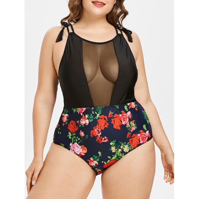 Traje de Baño Talla Extra Una Pieza Panel Malla Transparente Estampado Floral Rosegal Camisetas tallas grandes