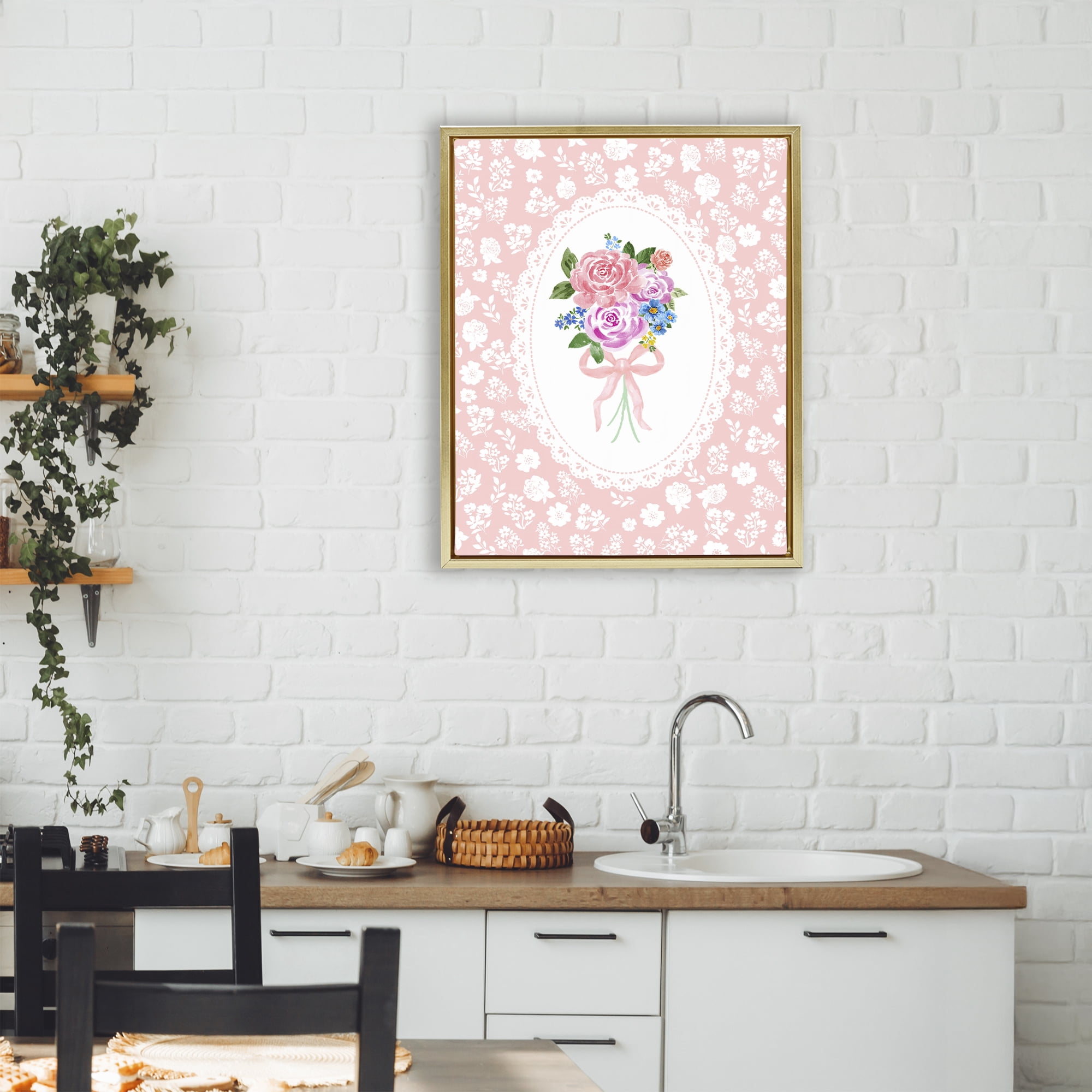 Stupell Industries Peach Feminine Bouquet Gold Framed Floater Canvas Wall Art, design by Corinne Haig