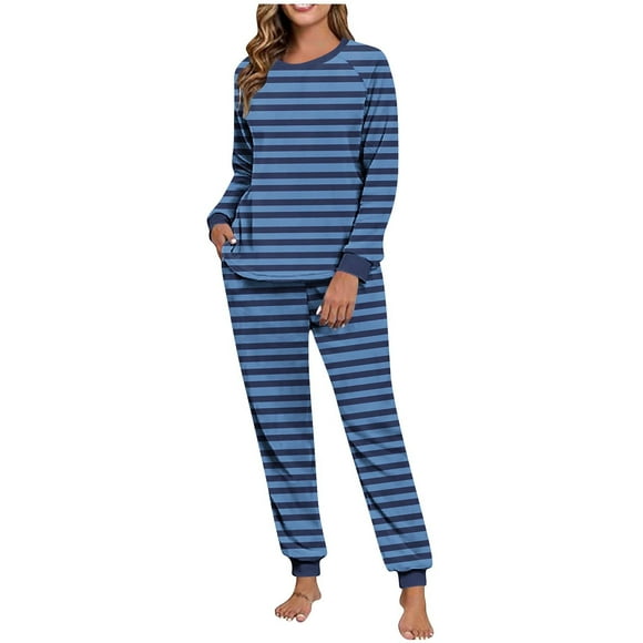 MeetoTime Womens Pajama Sets Striped Color Fall Winter Double-sided Round Neck Pullover Long Sleeves Top Drawstring Pants Ladies Sleepwear