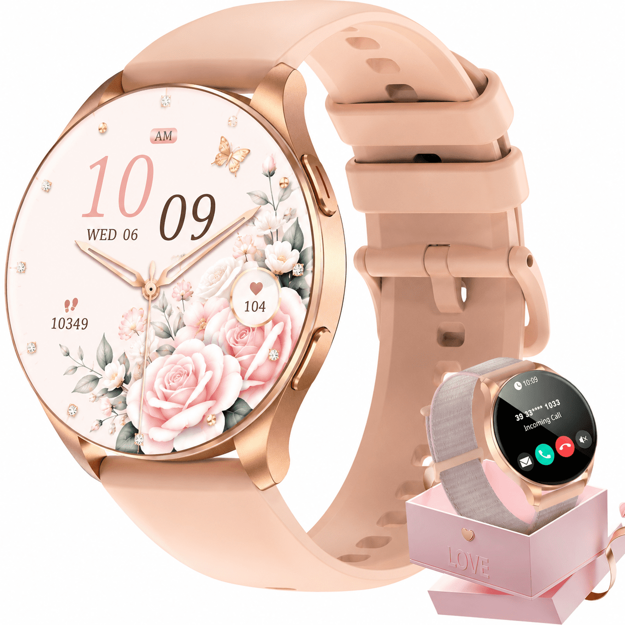 Smart Watch for Women, 1.43" AMOLED Fitness Tracker Watch with Bluetooth Call, 100+ Sports Modes, AI Voice Assistant, 2 Straps, Waterproof Smartwatch for Android iPhone, Gold