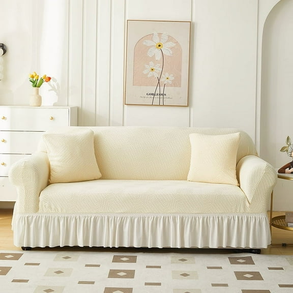 XmhyTop Sofa Cover for Jacquard with hemline sofas Stretch Couch Covers for Living Room Easy Fit Washable Furniture Sofa Protector 1 Seat，35.43-55.11inch (Beige B)
