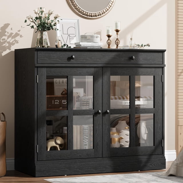 35.4 in Sideboard Buffet Cabinets with Glass Door, Buffet Cabinet with Storage, Black Sideboard Cabinet with Drawer, Modern Buffets & Sideboards for Dining Room, Kitchen
