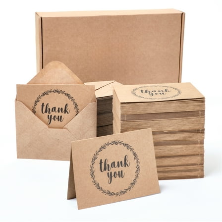 BEST PAPER GREETINGS Bulk Thank You Cards with Envelopes - 120 Pack, 3.5 x 5 In Kraft Brown Rustic Floral Wreath - Blank Thank You Cards with Envelopes & Notes for Wedding, Teachers & Kids