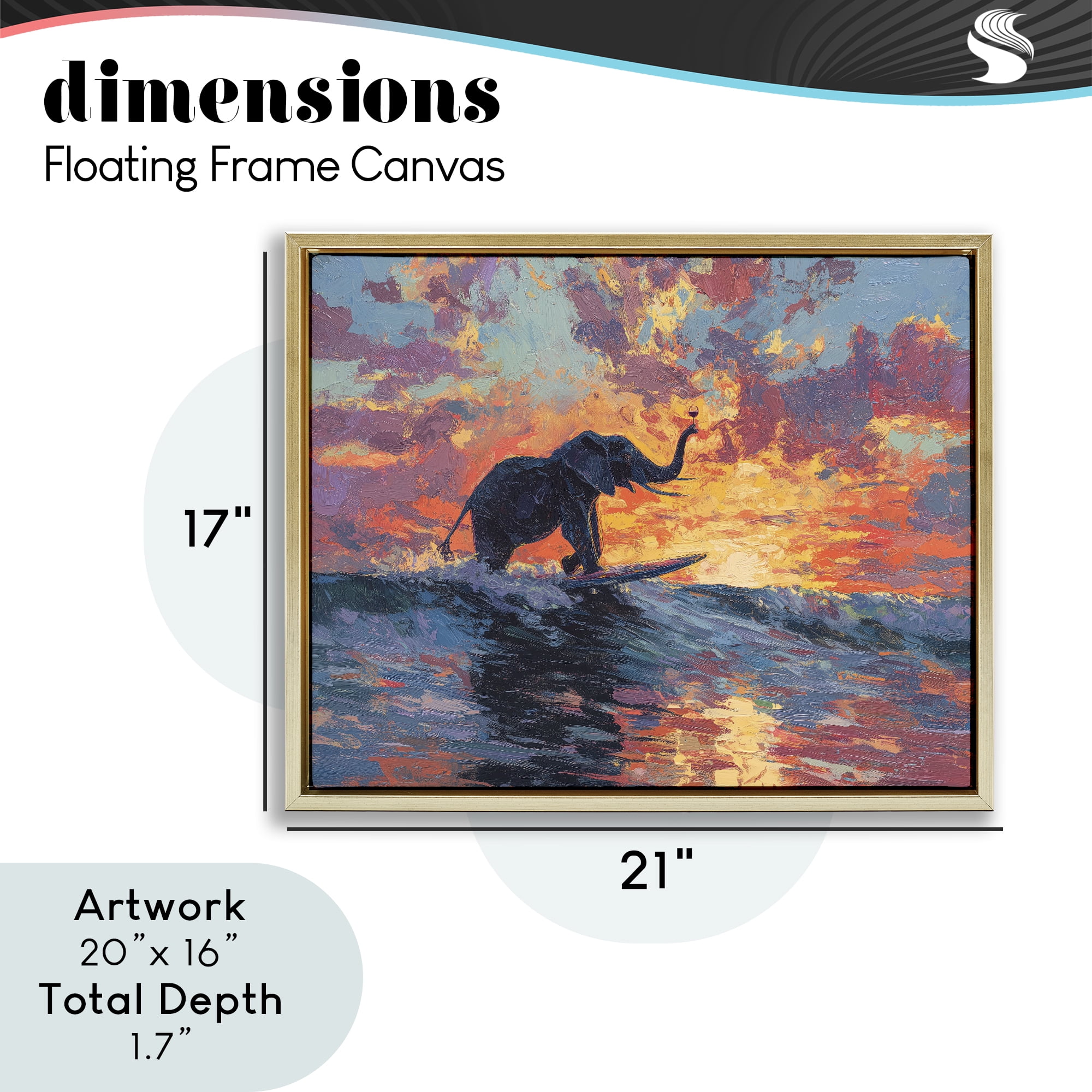 Sunset Surf Elephant Gold Framed Floater Canvas Wall Art, design by Ziwei Li