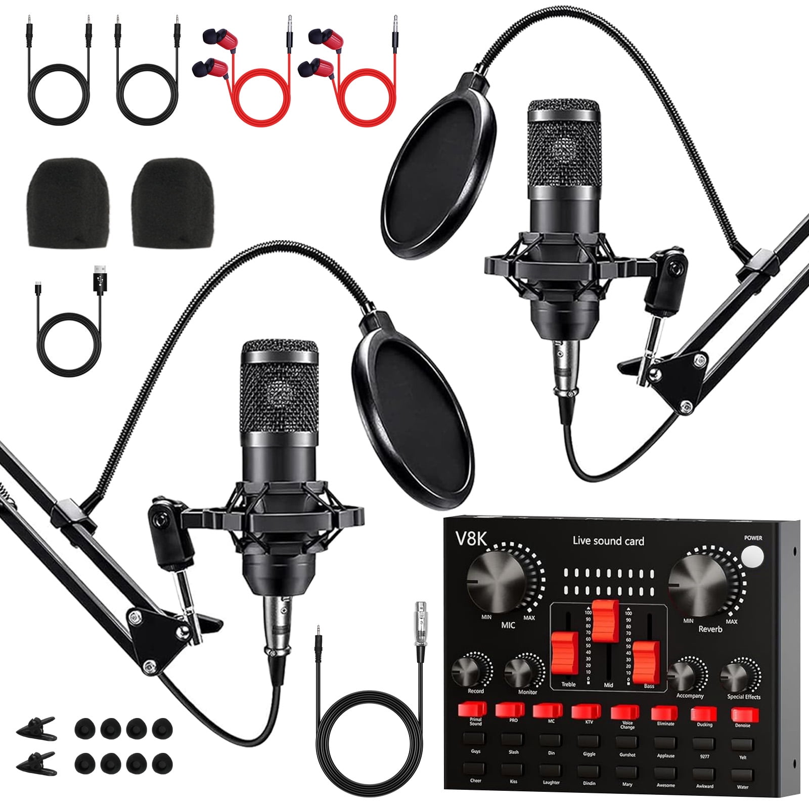 Podcast Equipment Bundle, Recording Studio Package with Dual BM800 Microphones and Voice Changer for PC/Mobile Live Streaming, Singing, Gaming, Voice Changer