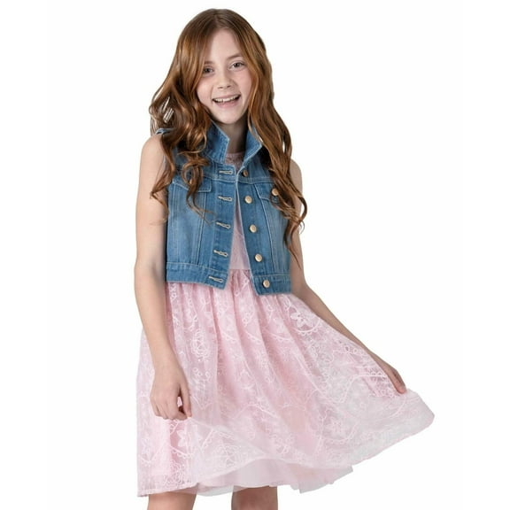 Rare Editions Big Girls Denim Vest and Embroidered Dress Outfit, 2 Pc - Blush