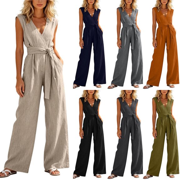 Women's Casual Loose Overalls Jumpsuits Fashion Solid Color V Neck Sleeveless Waist Ties Jumpsuits with Pockets Trendy Wide Leg Jumpsuits Dressy