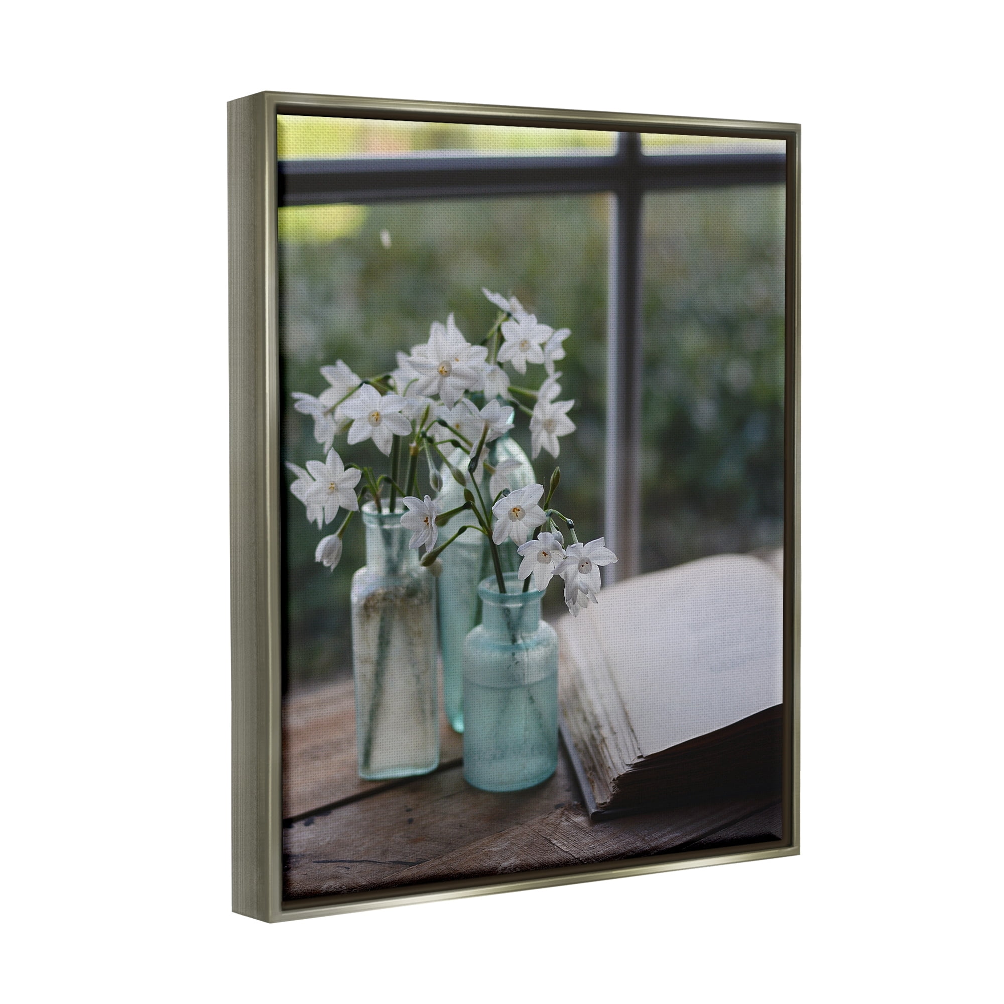 Stupell Industries Delicate White Flowers Cottage Window Book Pages Photograph Luster Gray Floating Framed Canvas Print Wall Art, Design by Claire Brocato