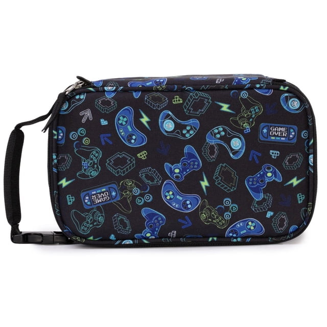 Jetstream insulated lunch bag for kids with padded handle, decorated with blue and green video game controllers on black background.