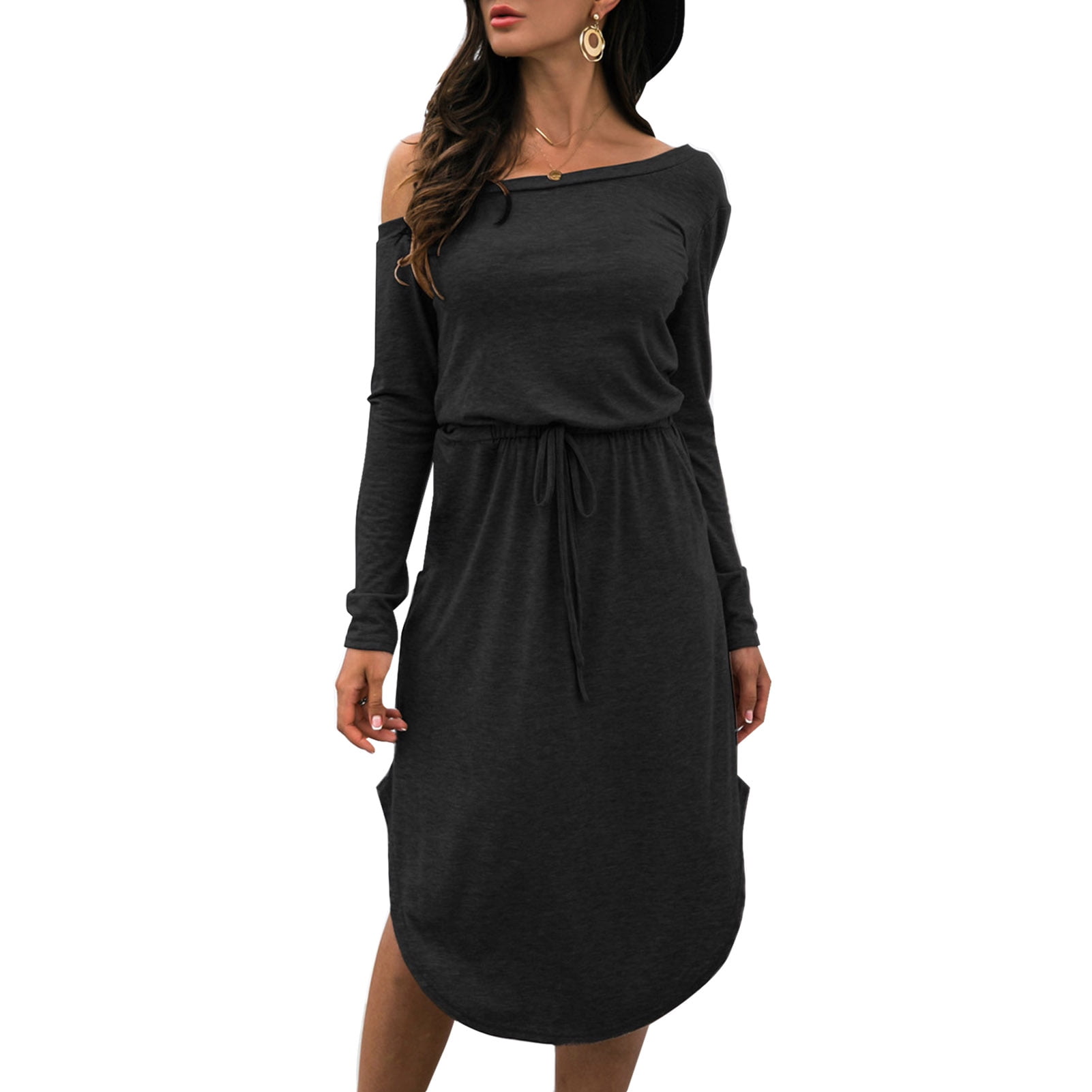 Meterk Women's One Shoulder Dress Side Slit Elastic Waist Long Sleeve Midi  Dress Autumn Casual Dress - Walmart.com
