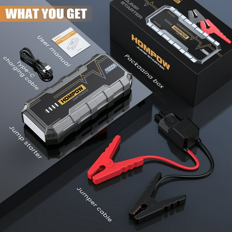 booster box car Hompow 7000a Jump Starter, 26000mAh Portable Car Battery Jump Starter for 10L Gas Engines & up to 12L Diesel, Battery Booster Power Pack, 12V Jump Box