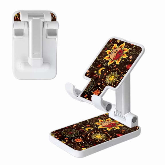 WIRESTER White Foldable Phone Stand for Desk, Adjustable Portable Cell Phone Holder for iPhone 17, 16, 15, 14 and Android Smartphones - Celestial Sun Moon And Stars