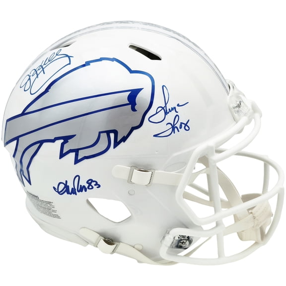 Jim Kelly, Thurman Thomas & Andre Reed Autographed Buffalo Bills Rivalries White Full Size Authentic Speed Helmet Beckett BAS Witness Stock #256870